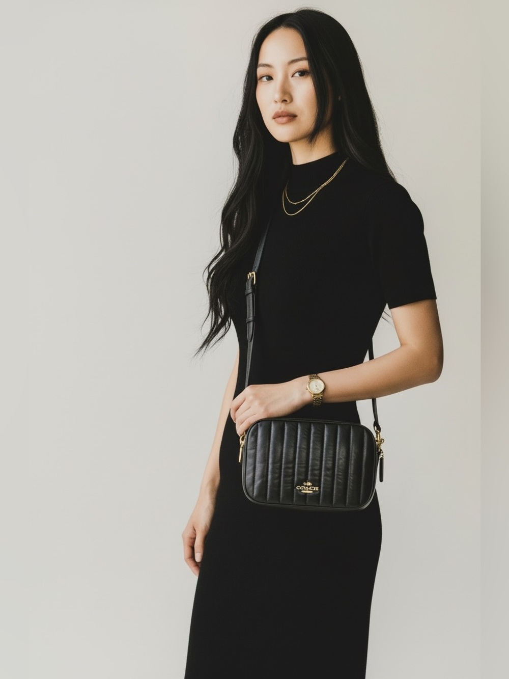 Coach Black Jes Crossbody With Linear Quilting Leather.